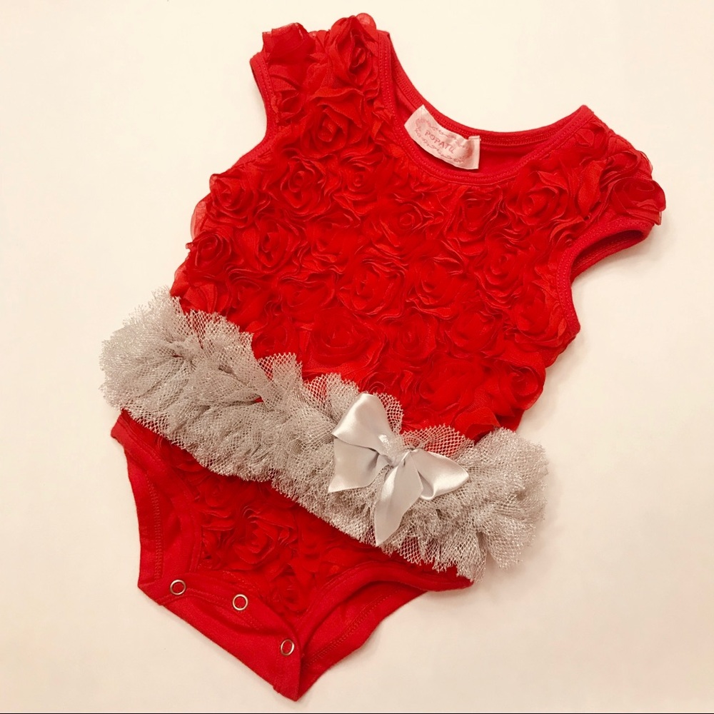Popatu 6-9 Months Ruffled Bodysuit Red Silver Valentine’s Day